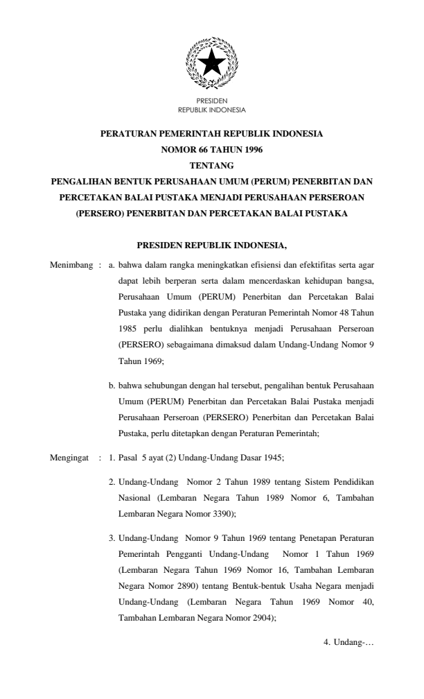 Peraturan Pemerintah Nomor 66 Tahun 1996