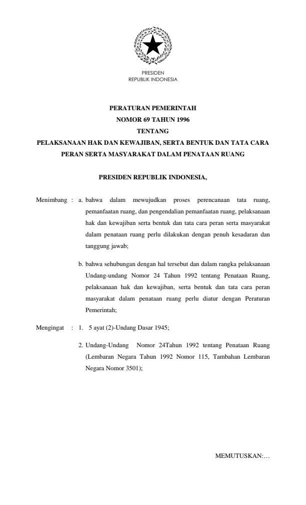 Peraturan Pemerintah Nomor 69 Tahun 1996