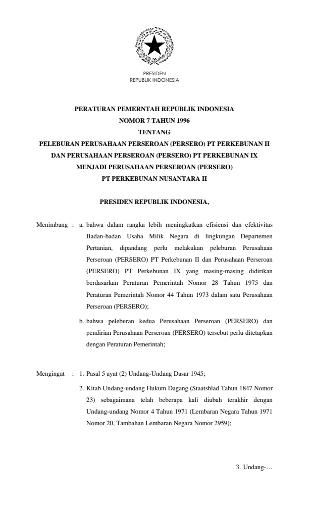 Peraturan Pemerintah Nomor 7 Tahun 1996