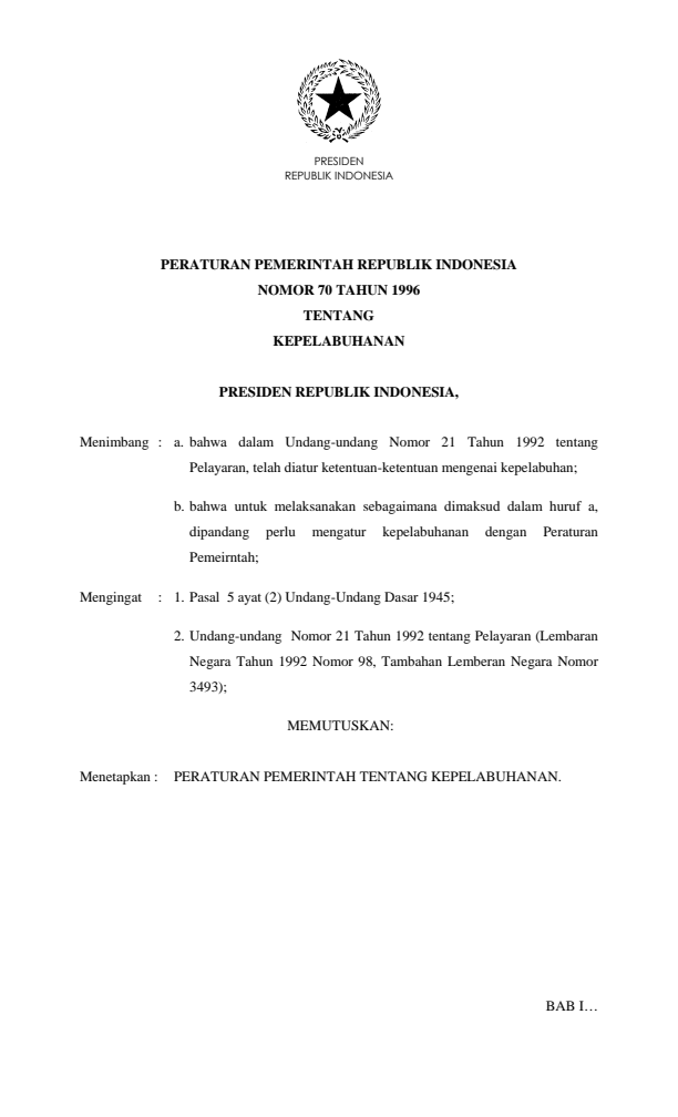 Peraturan Pemerintah Nomor 70 Tahun 1996