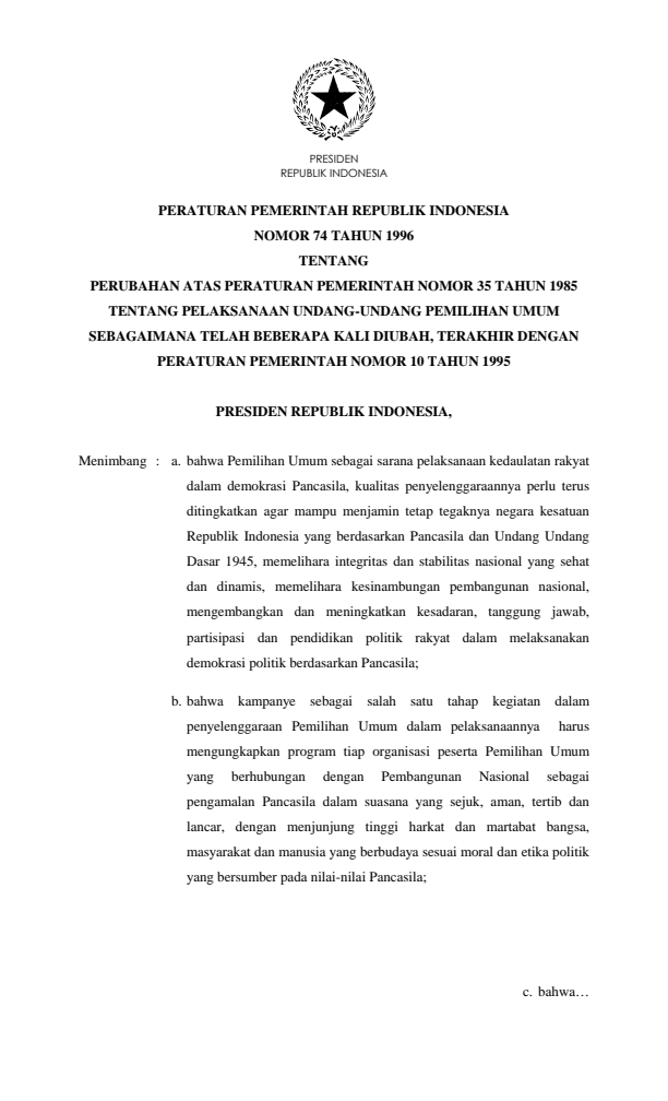 Peraturan Pemerintah Nomor 74 Tahun 1996