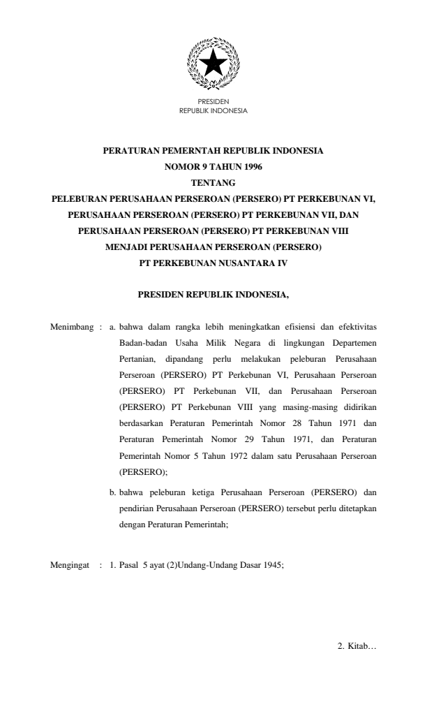 Peraturan Pemerintah Nomor 9 Tahun 1996