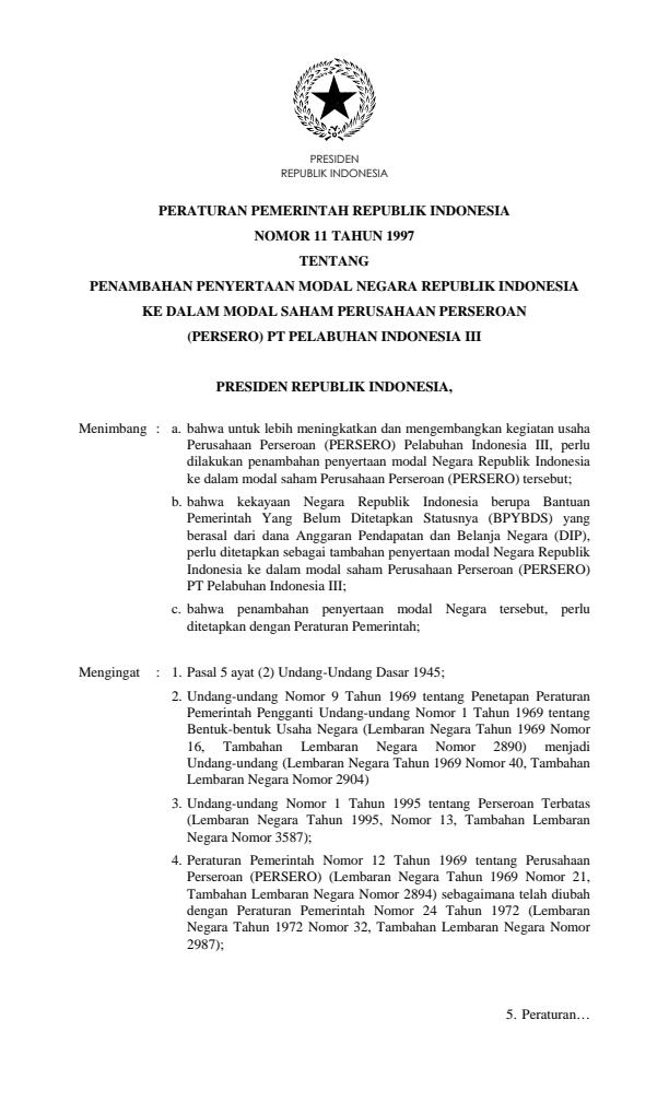 Peraturan Pemerintah Nomor 11 Tahun 1997