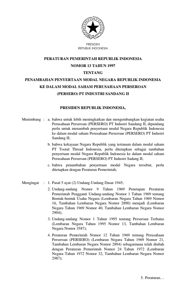 Peraturan Pemerintah Nomor 13 Tahun 1997