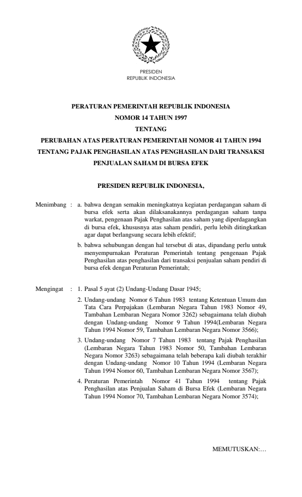 Peraturan Pemerintah Nomor 14 Tahun 1997