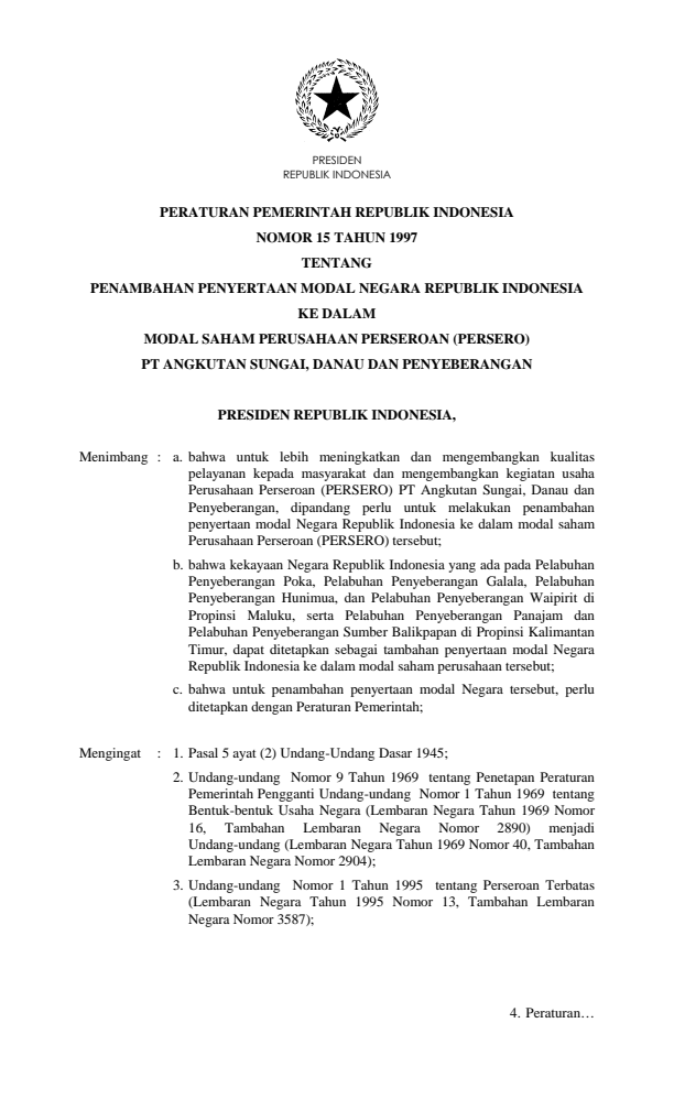 Peraturan Pemerintah Nomor 15 Tahun 1997