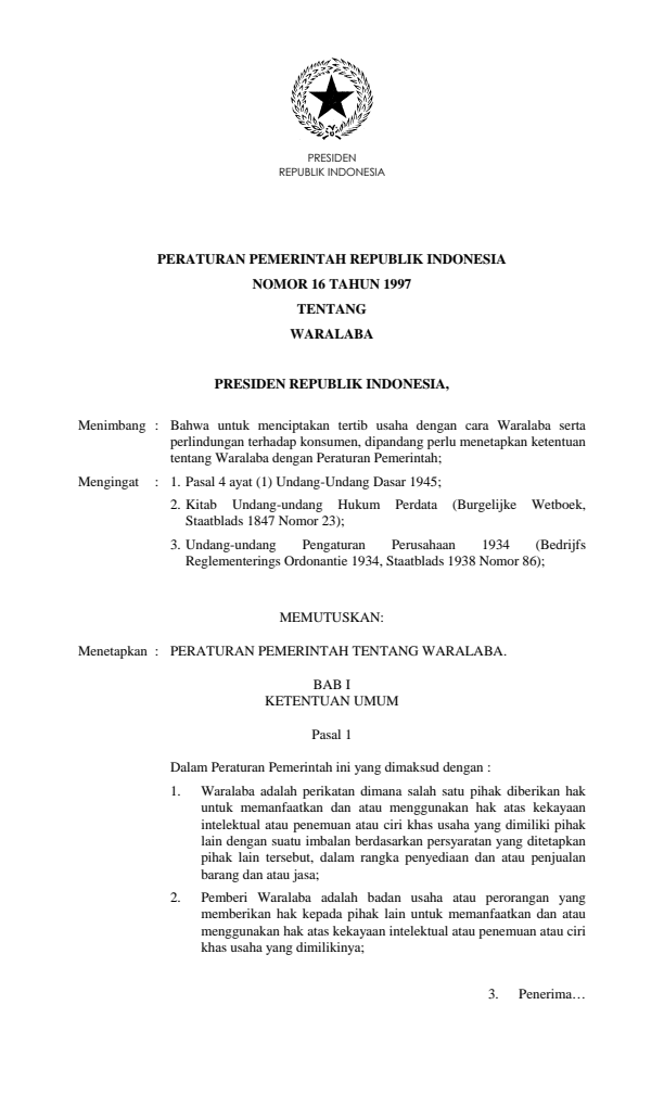 Peraturan Pemerintah Nomor 16 Tahun 1997