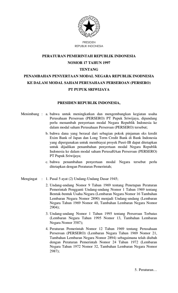 Peraturan Pemerintah Nomor 17 Tahun 1997