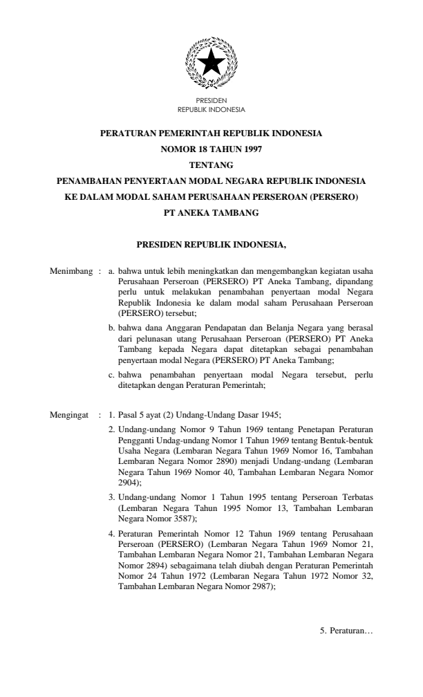 Peraturan Pemerintah Nomor 18 Tahun 1997