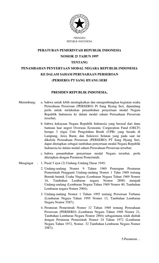 Peraturan Pemerintah Nomor 25 Tahun 1997