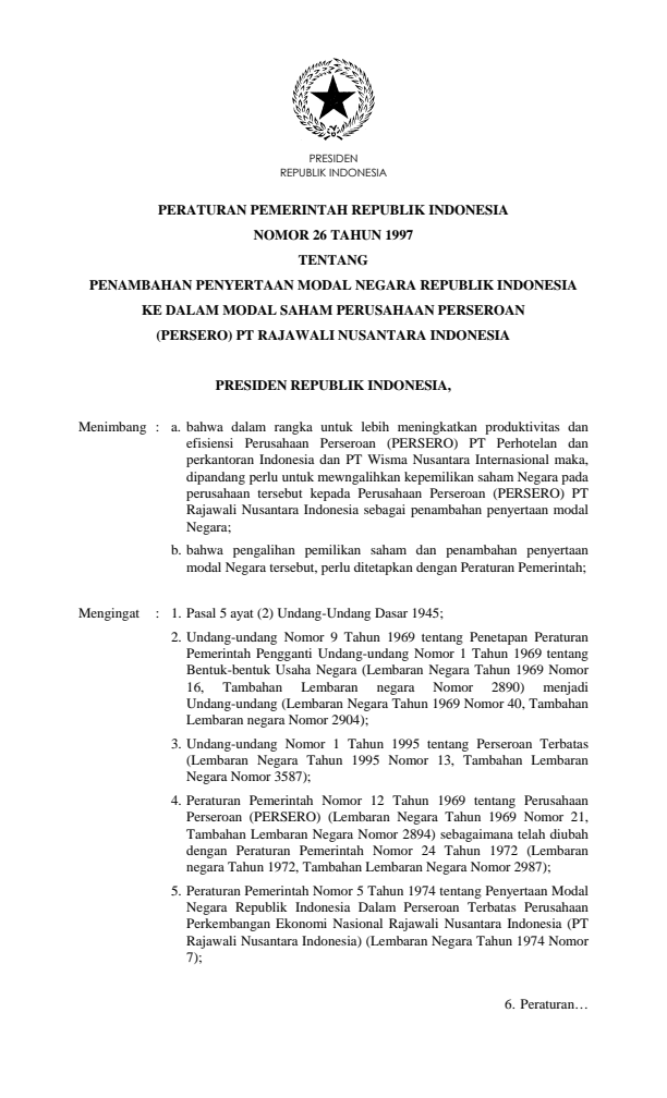 Peraturan Pemerintah Nomor 26 Tahun 1997