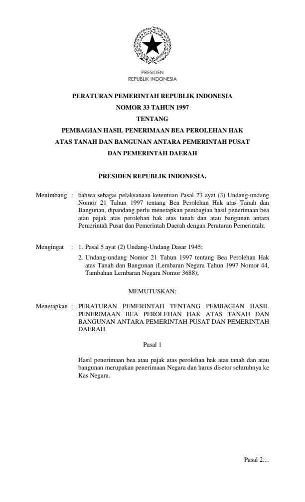 Peraturan Pemerintah Nomor 33 Tahun 1997