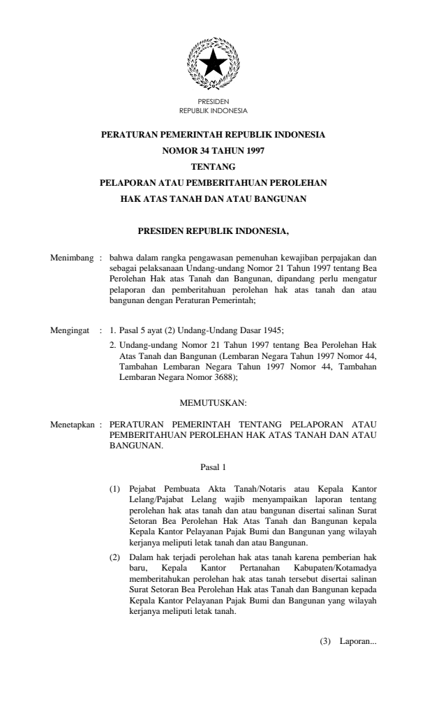 Peraturan Pemerintah Nomor 34 Tahun 1997