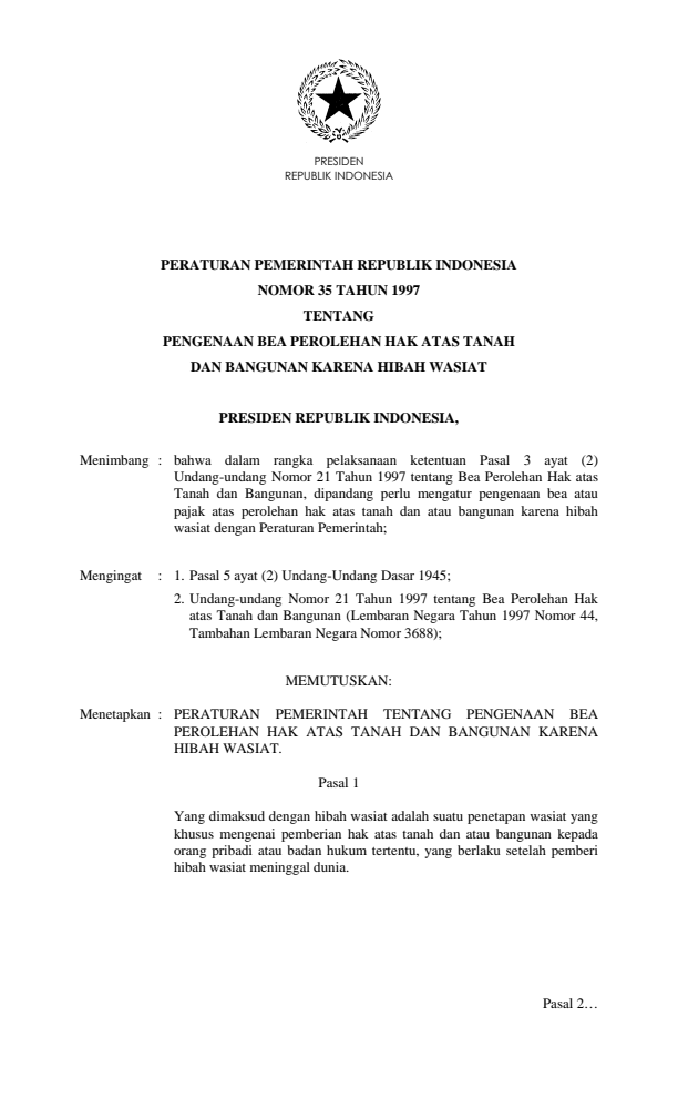 Peraturan Pemerintah Nomor 35 Tahun 1997