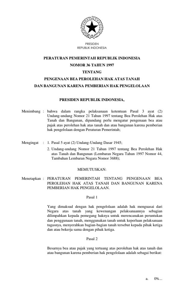 Peraturan Pemerintah Nomor 36 Tahun 1997