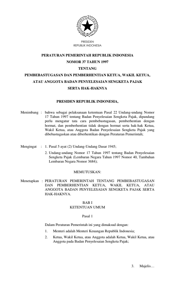 Peraturan Pemerintah Nomor 37 Tahun 1997