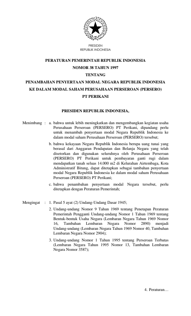 Peraturan Pemerintah Nomor 38 Tahun 1997