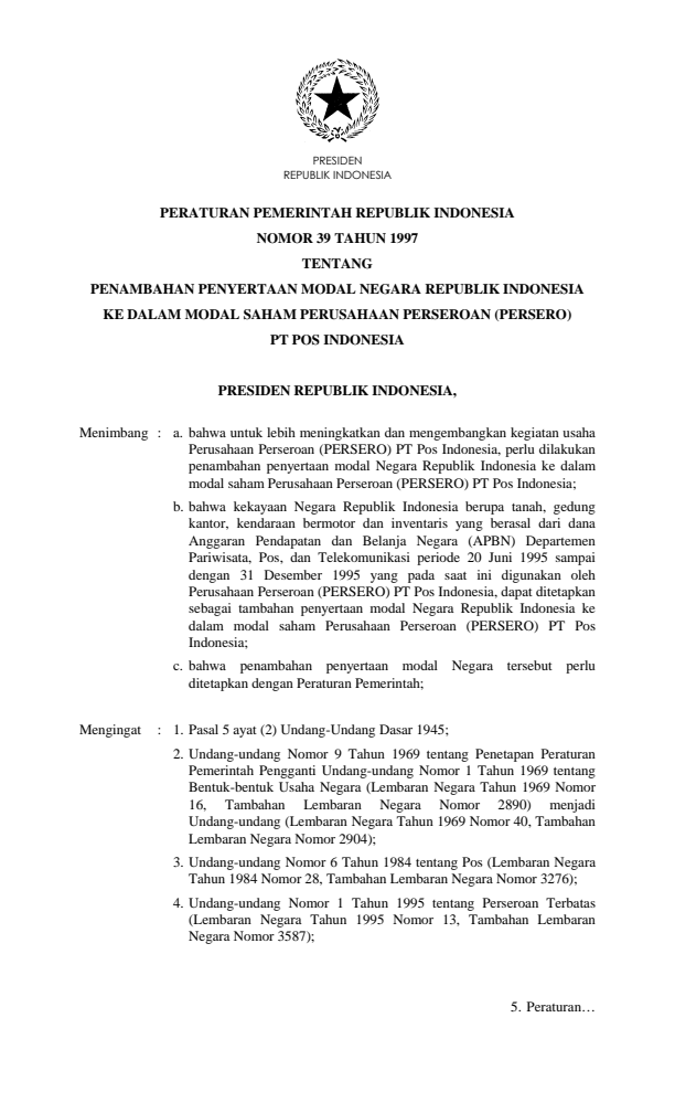 Peraturan Pemerintah Nomor 39 Tahun 1997