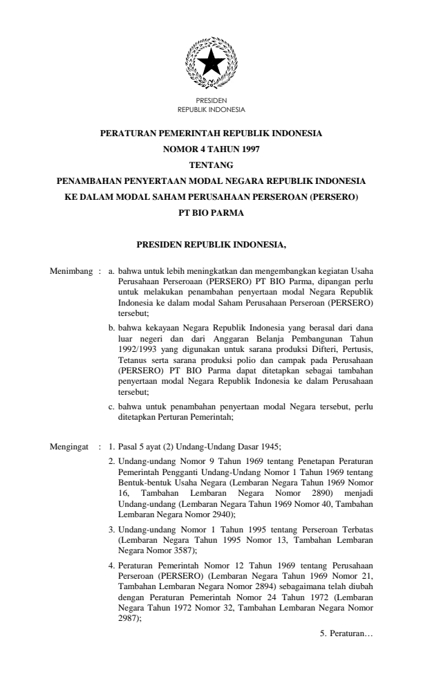 Peraturan Pemerintah Nomor 4 Tahun 1997