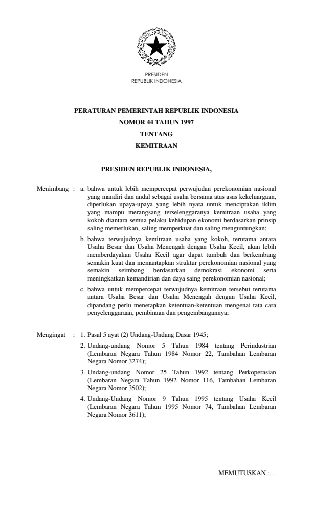 Peraturan Pemerintah Nomor 44 Tahun 1997