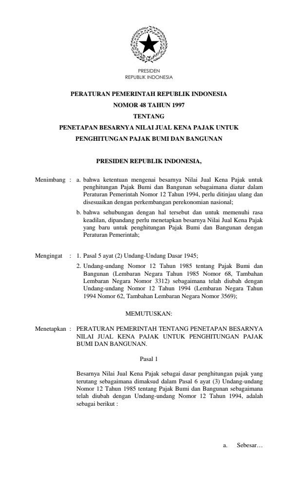 Peraturan Pemerintah Nomor 48 Tahun 1997