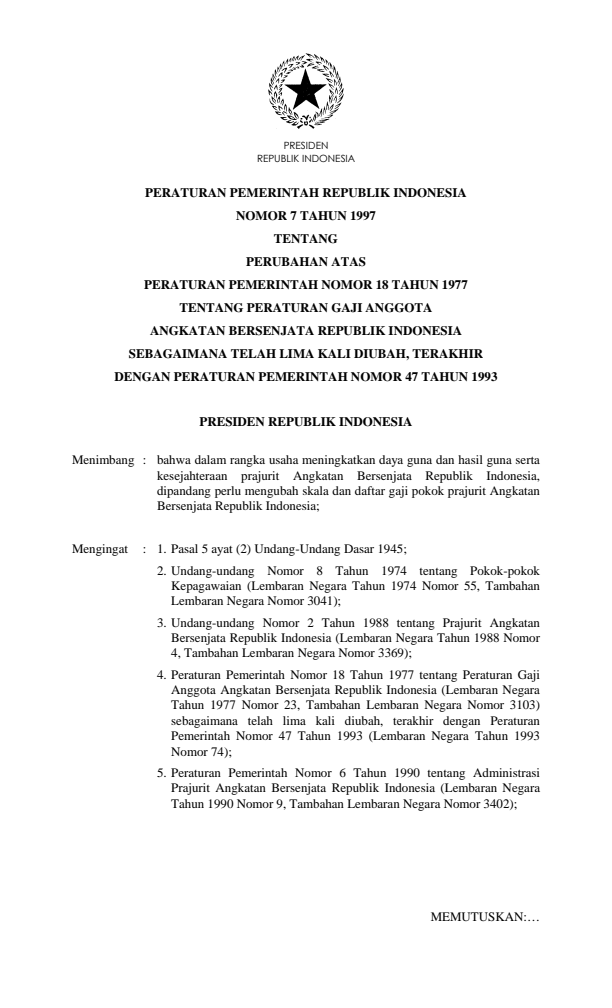 Peraturan Pemerintah Nomor 7 Tahun 1997