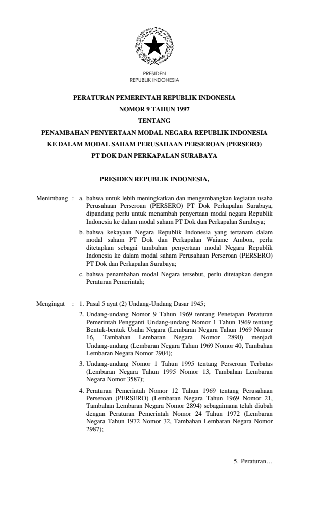 Peraturan Pemerintah Nomor 9 Tahun 1997