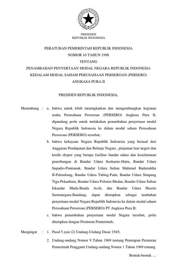 Peraturan Pemerintah Nomor 10 Tahun 1998