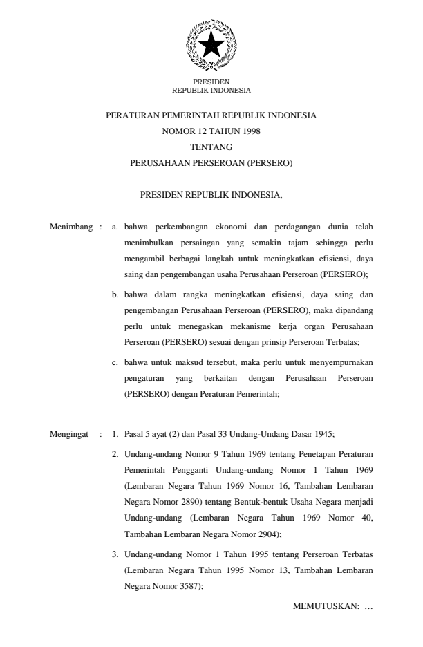 Peraturan Pemerintah Nomor 12 Tahun 1998