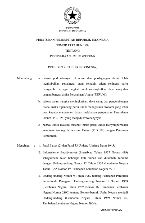 Peraturan Pemerintah Nomor 13 Tahun 1998