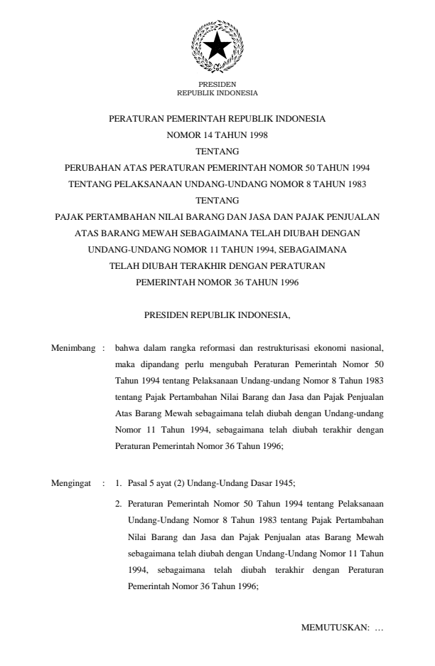 Peraturan Pemerintah Nomor 14 Tahun 1998