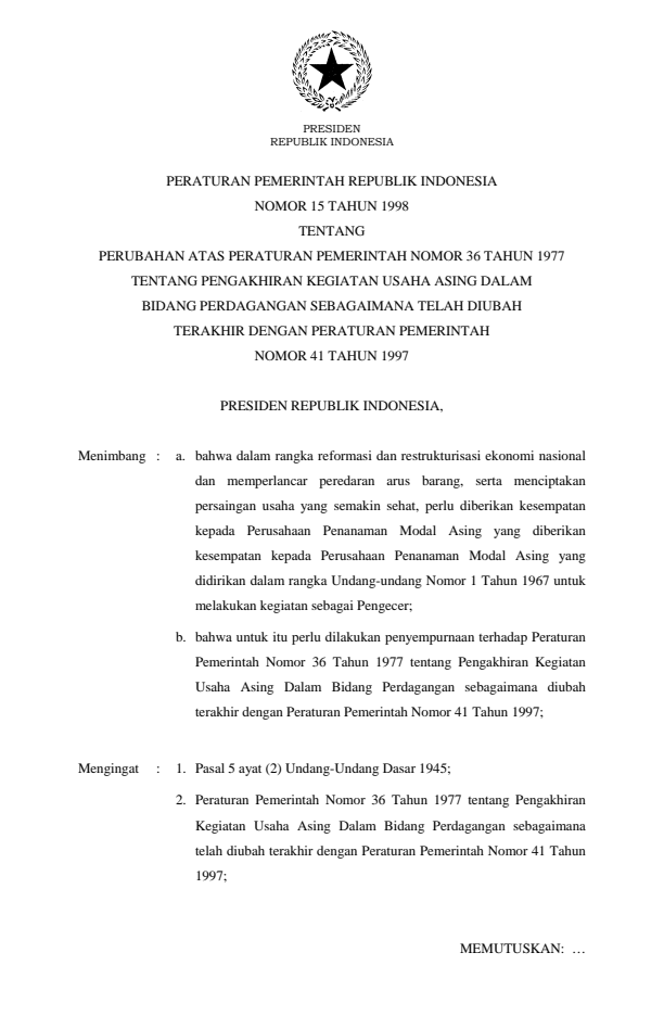 Peraturan Pemerintah Nomor 15 Tahun 1998