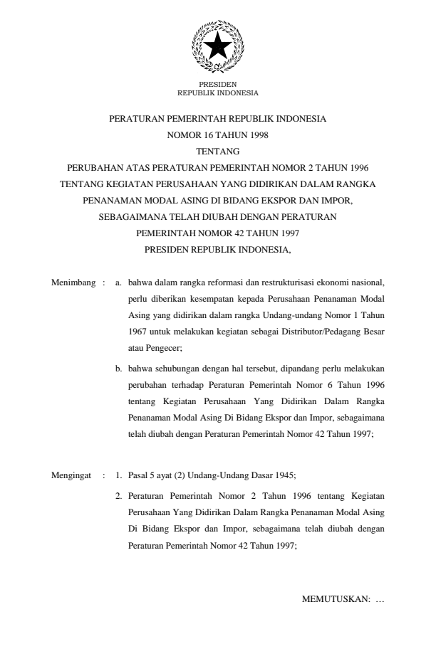 Peraturan Pemerintah Nomor 16 Tahun 1998