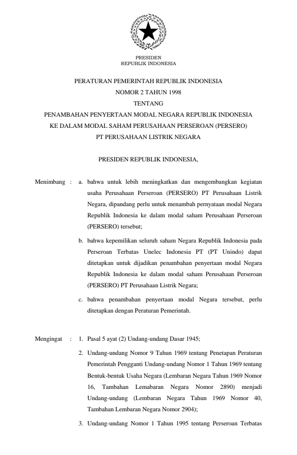 Peraturan Pemerintah Nomor 2 Tahun 1998