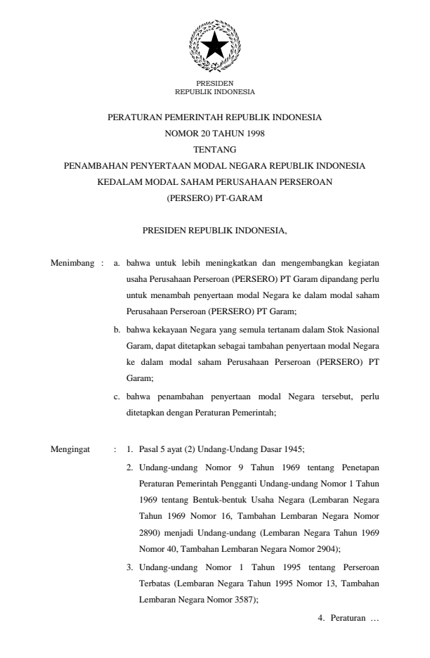 Peraturan Pemerintah Nomor 20 Tahun 1998