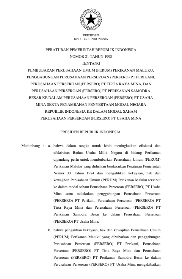 Peraturan Pemerintah Nomor 21 Tahun 1998