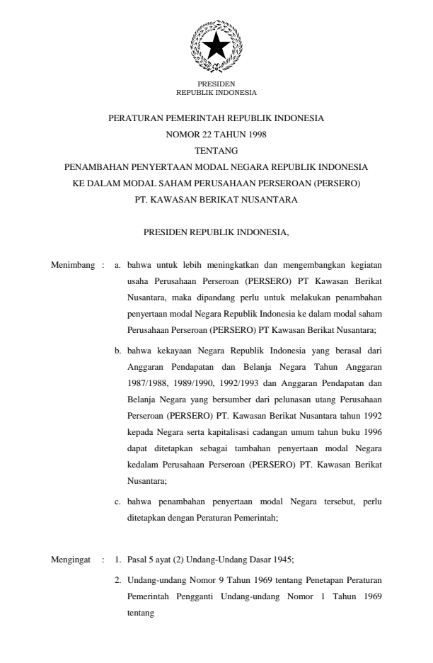 Peraturan Pemerintah Nomor 22 Tahun 1998