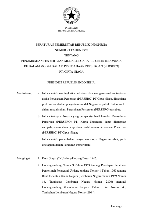 Peraturan Pemerintah Nomor 23 Tahun 1998