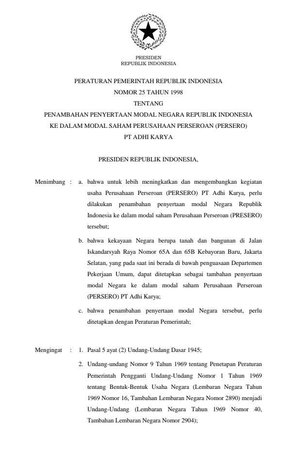 Peraturan Pemerintah Nomor 25 Tahun 1998