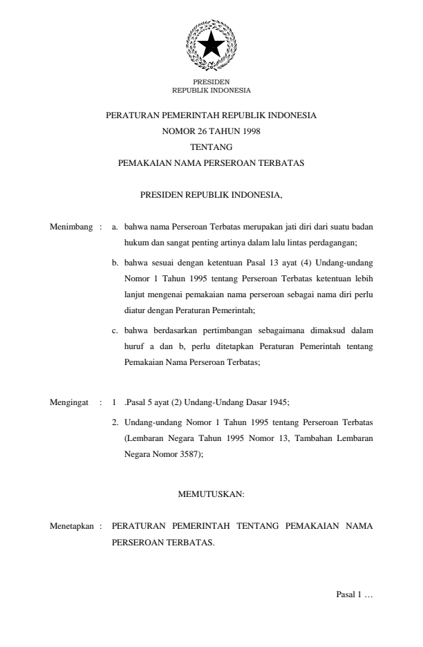 Peraturan Pemerintah Nomor 26 Tahun 1998