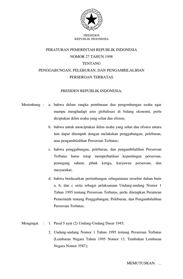 Peraturan Pemerintah Nomor 27 Tahun 1998