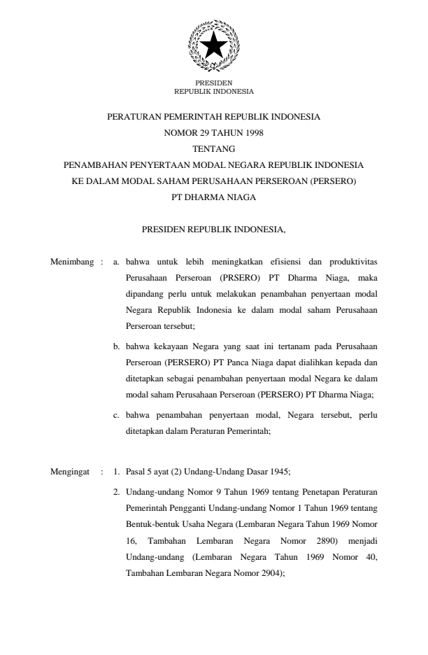 Peraturan Pemerintah Nomor 29 Tahun 1998