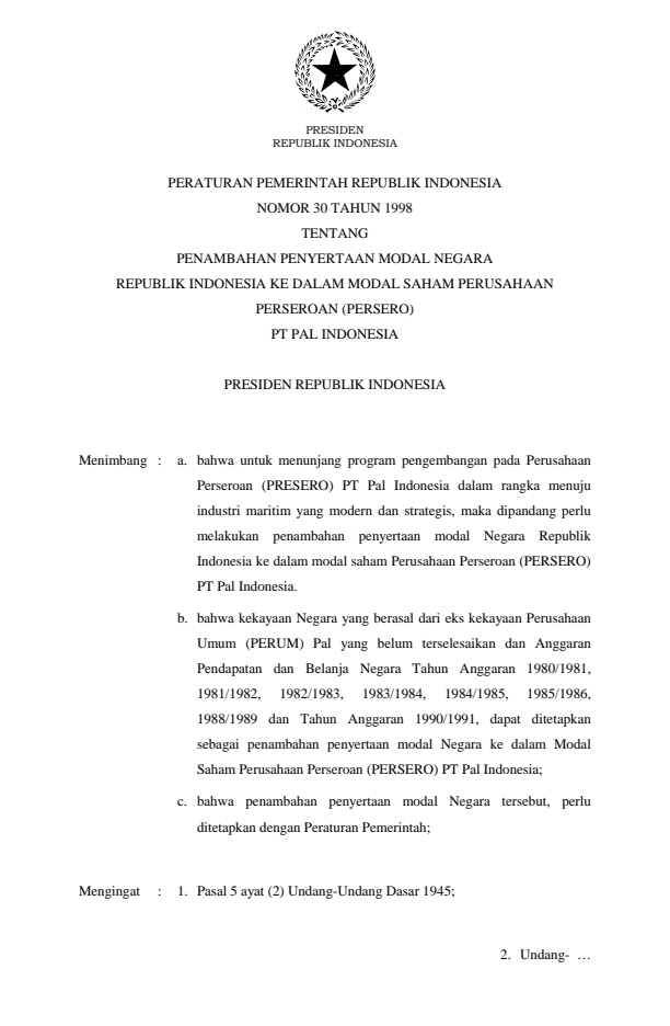 Peraturan Pemerintah Nomor 30 Tahun 1998