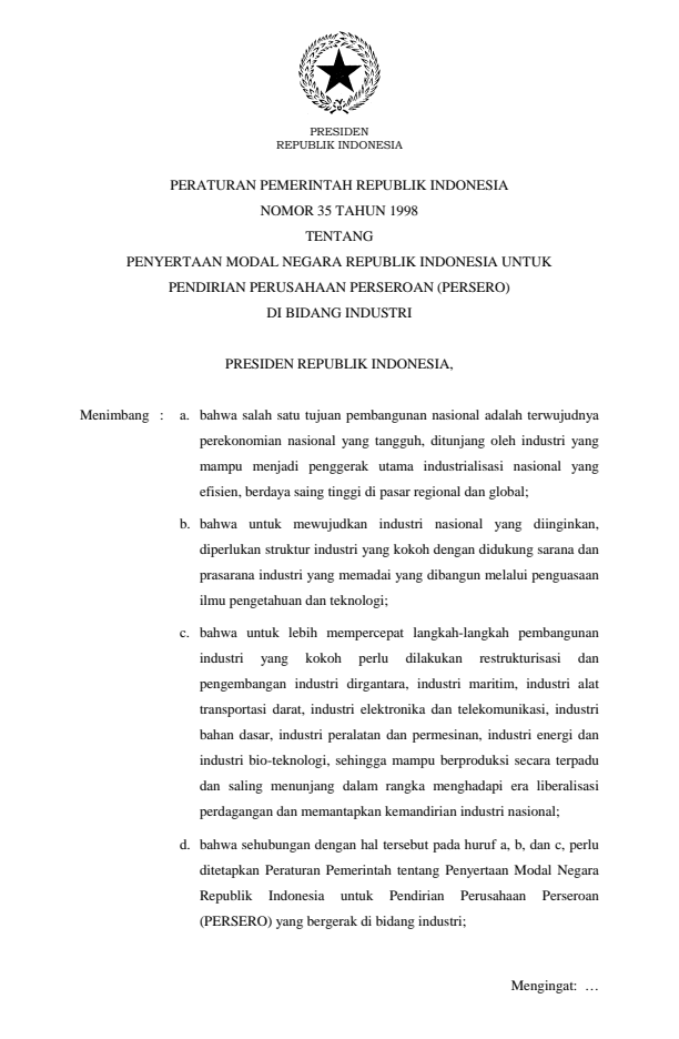 Peraturan Pemerintah Nomor 35 Tahun 1998