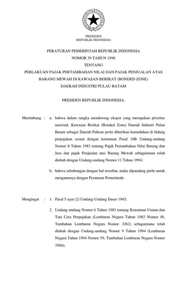 Peraturan Pemerintah Nomor 39 Tahun 1998