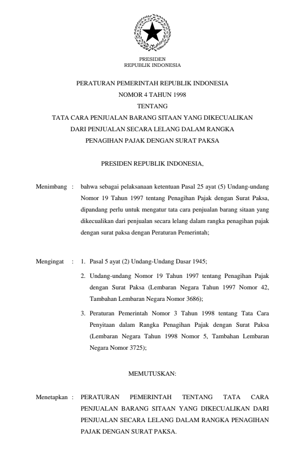 Peraturan Pemerintah Nomor 4 Tahun 1998