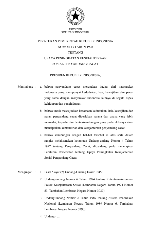 Peraturan Pemerintah Nomor 43 Tahun 1998