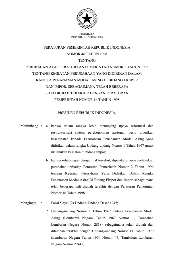 Peraturan Pemerintah Nomor 46 Tahun 1998