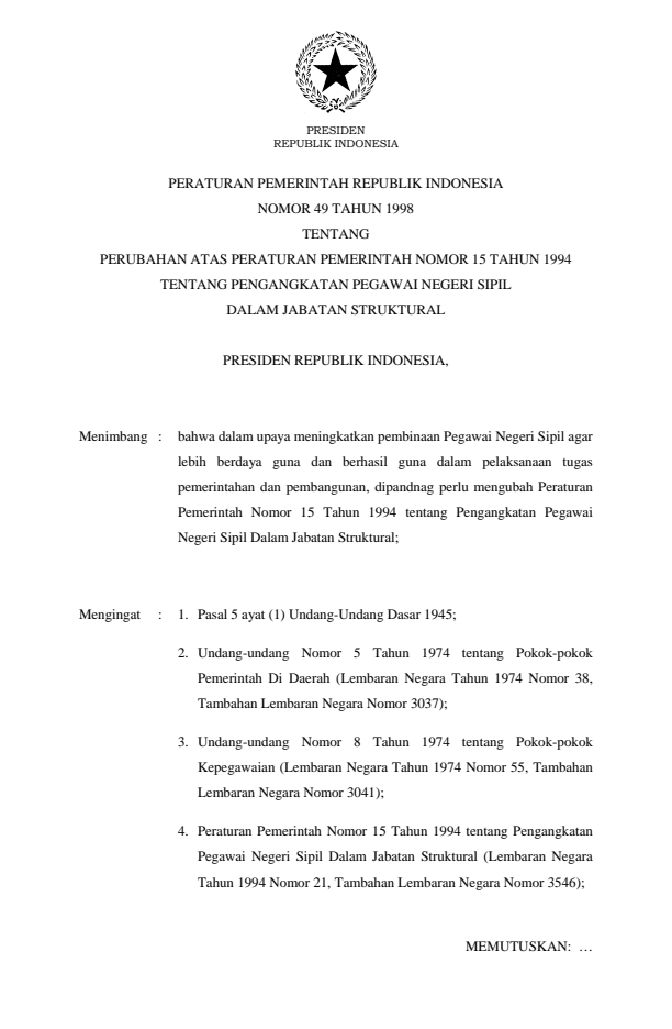 Peraturan Pemerintah Nomor 49 Tahun 1998