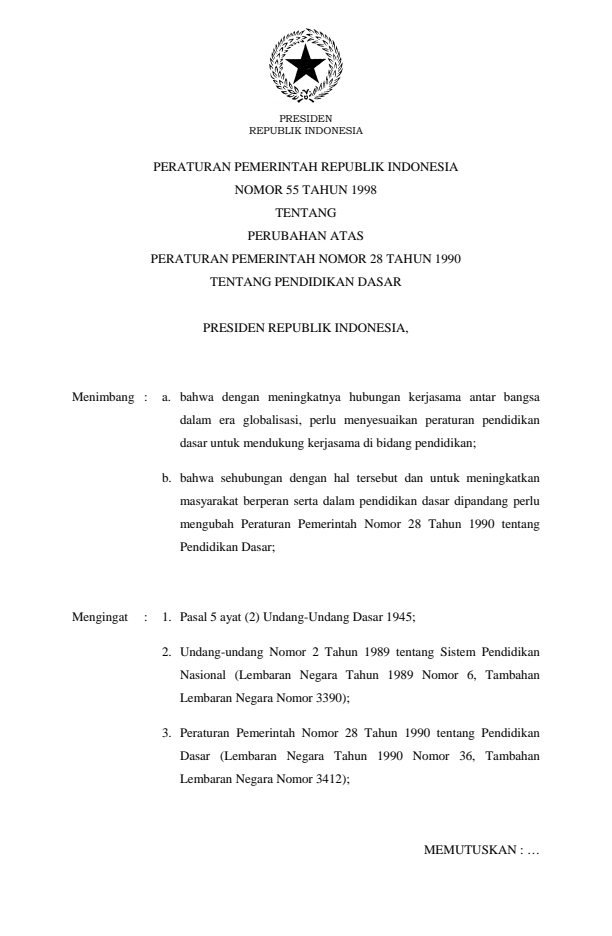 Peraturan Pemerintah Nomor 55 Tahun 1998